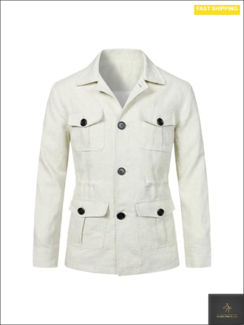 Men's Linen Blend Button Up Cargo Jacket Lightweight Safari Coat w Pockets